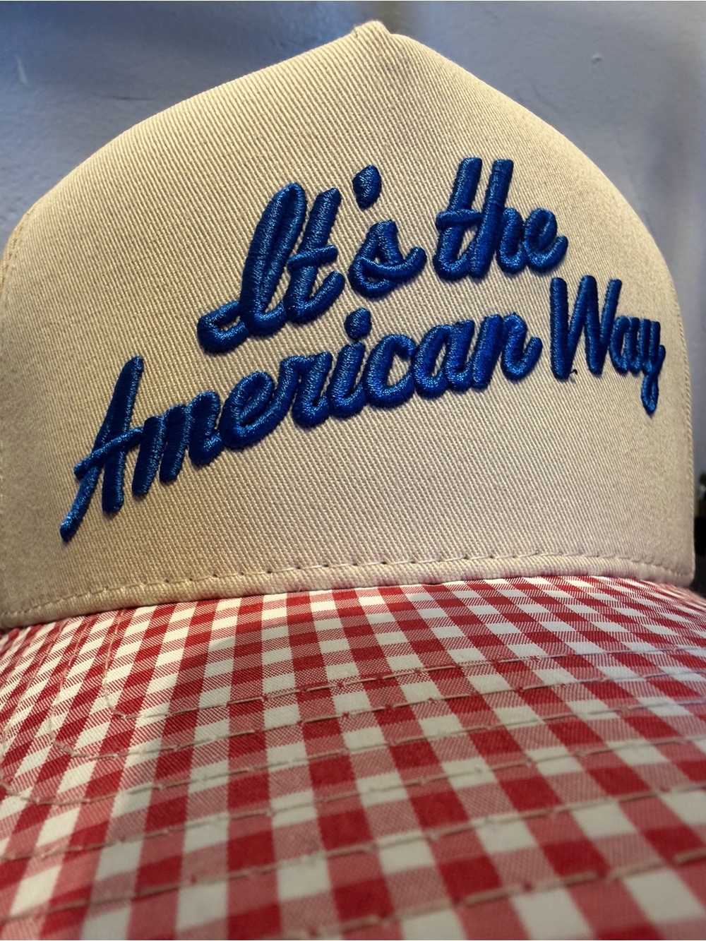 Cream Hat with Blue Script "It's the American Way" and Red Gingham Brim
